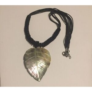Gorgeous Hand Carved Mother of Pearl Leaf & Black Bead Necklace